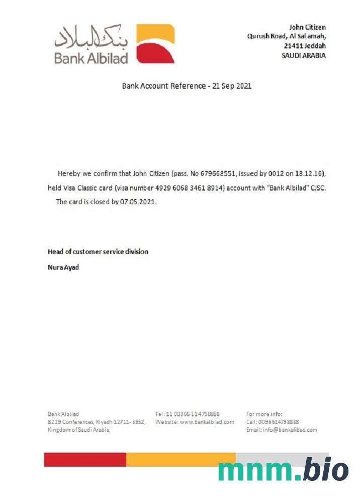 Przykład odniesienia do zamknięcia Banku w Arabii Saudyjskiej Albilad w formatach Word i PDF